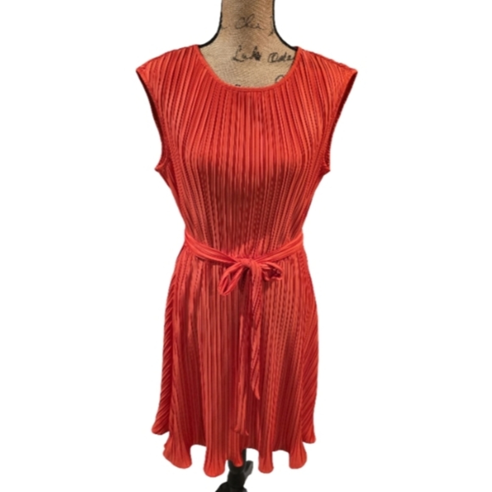 DKNY Vibrant Red‎ Pleated Belted Flowy Midi Dress Size 10 New